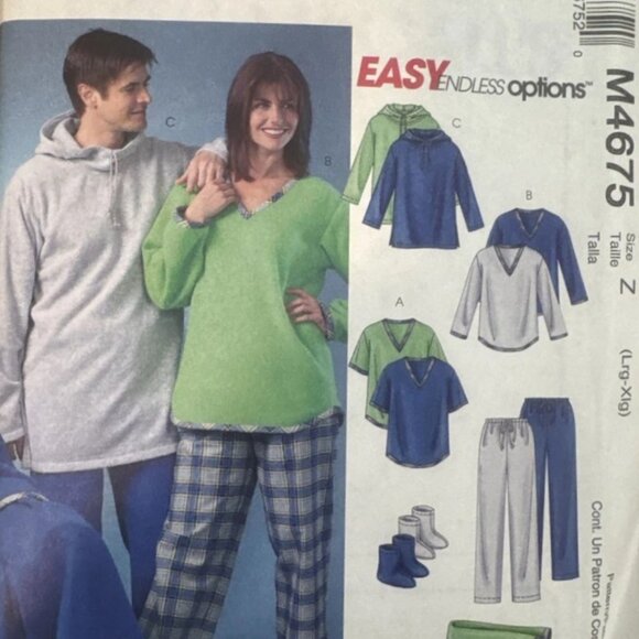 McCall's M4675 Misses'/Men's/Teen Boys' Tops, Pants, Socks, Blanket LG, XLG. - Picture 1 of 3